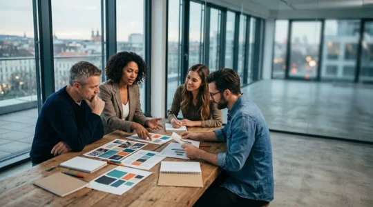 Collaboration multilingue entre équipes marketing françaises et allemandes autour d'un guide de ton de marque