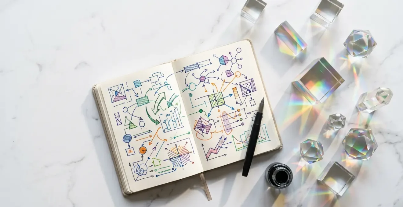 Vue aérienne d'un espace de travail moderne avec carnet de notes ouvert et diagrammes colorés