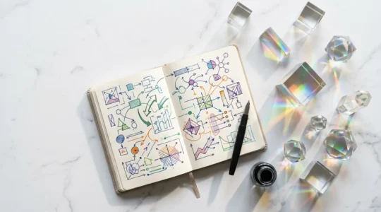 Vue aérienne d'un espace de travail moderne avec carnet de notes ouvert et diagrammes colorés