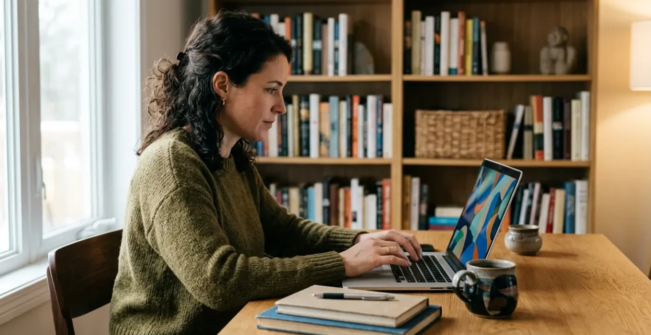 Auteur travaillant sur son manuscrit dans un espace de travail moderne avec ordinateur portable et livres