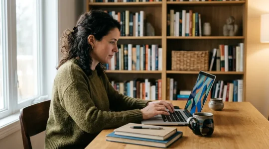 Auteur travaillant sur son manuscrit dans un espace de travail moderne avec ordinateur portable et livres