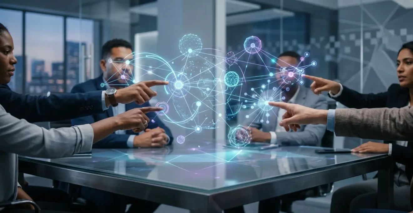 Professionnels discutant autour d'une base terminologique numérique interactive montrant différentes langues et marchés