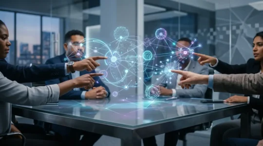 Professionnels discutant autour d'une base terminologique numérique interactive montrant différentes langues et marchés