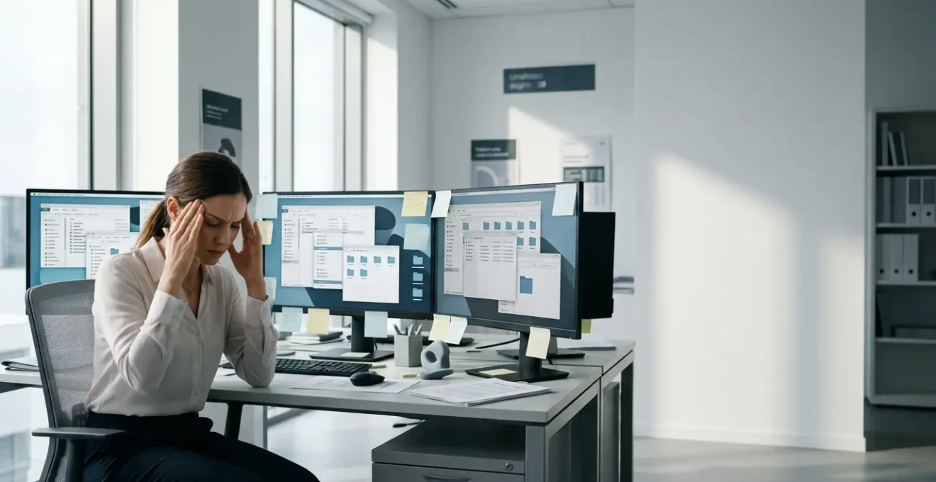 Bureau numérique désorganisé avec dossiers empilés et personne cherchant un document