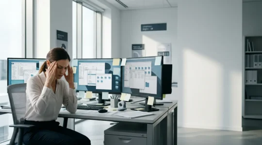 Bureau numérique désorganisé avec dossiers empilés et personne cherchant un document