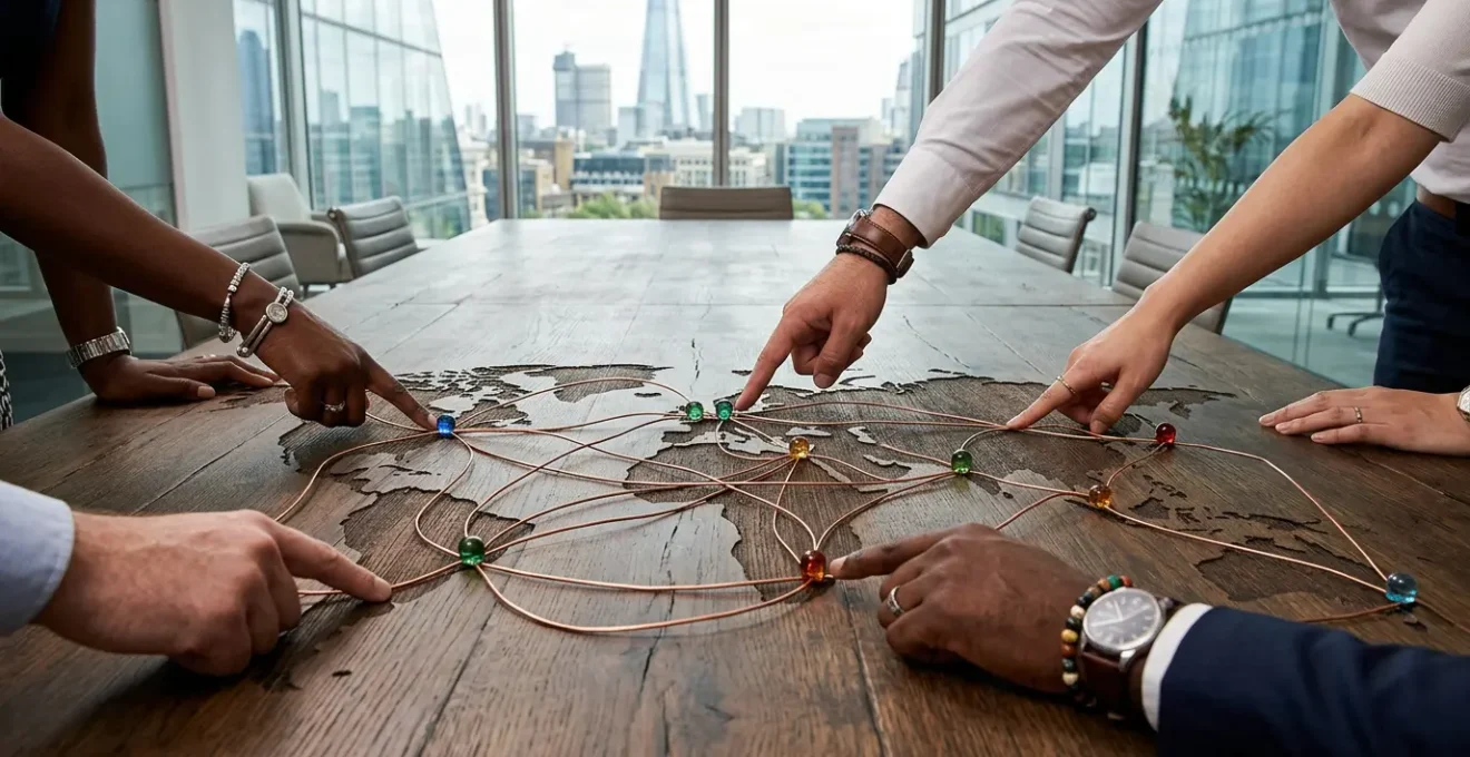 Carte mondiale interactive avec des lignes de connexion entre différents pays, symbolisant l'expansion internationale des entreprises