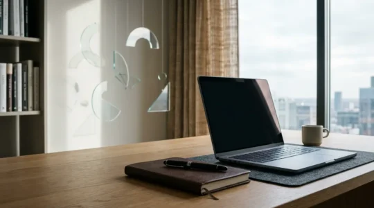 Bureau professionnel moderne avec écran d'ordinateur montrant l'interface floue d'un correcteur orthographique