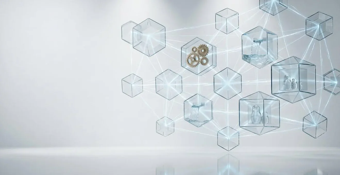 Vue conceptuelle d'une architecture documentaire structurée avec XML montrant l'interconnexion de modules de contenu réutilisables