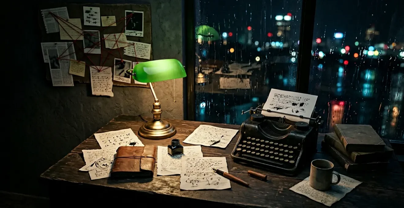 Écrivain concentré entouré de notes manuscrites dans une ambiance sombre et mystérieuse