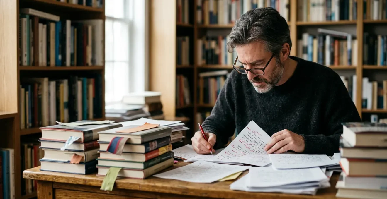 Un écrivain examinant attentivement un manuscrit avec des annotations dans un espace de travail baigné de lumière naturelle