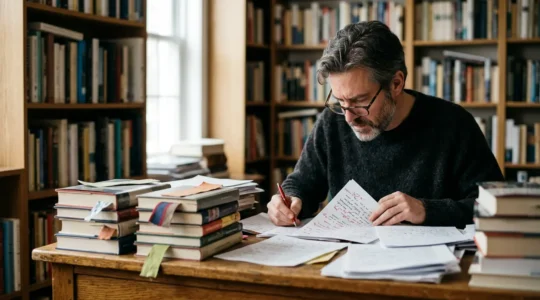Un écrivain examinant attentivement un manuscrit avec des annotations dans un espace de travail baigné de lumière naturelle