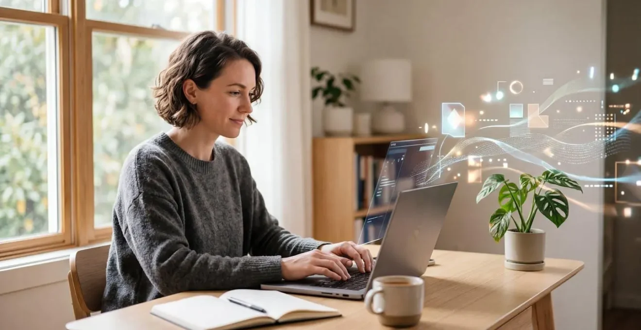 Un écrivain travaillant en collaboration avec un assistant d'intelligence artificielle pour augmenter sa production écrite tout en préservant son style unique