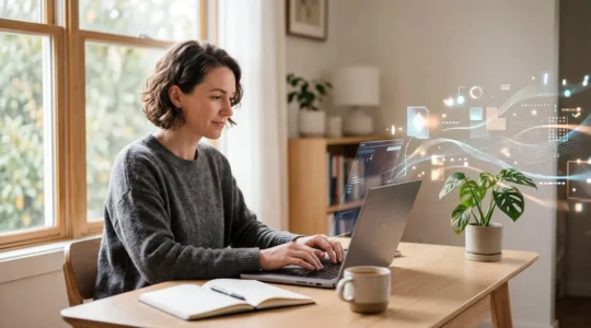 Un écrivain travaillant en collaboration avec un assistant d'intelligence artificielle pour augmenter sa production écrite tout en préservant son style unique