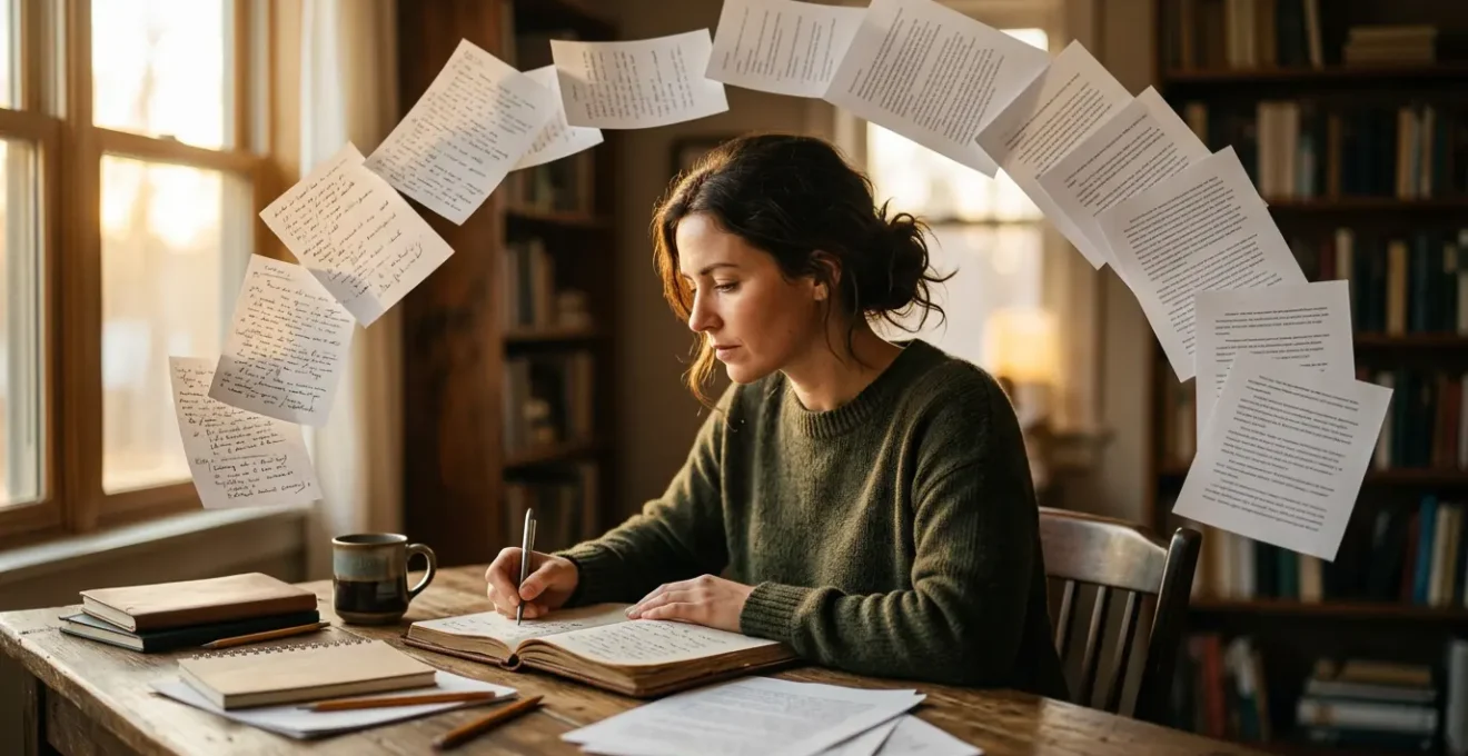 Un écrivain assis à son bureau entouré de notes et de carnets, transformant ses idées en un manuscrit structuré