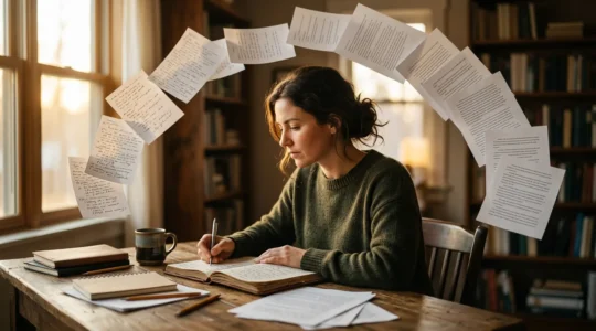 Un écrivain assis à son bureau entouré de notes et de carnets, transformant ses idées en un manuscrit structuré