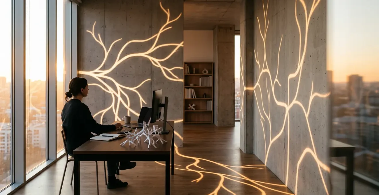 Créateur de fiction interactive travaillant sur un réseau complexe d'histoires interconnectées dans un espace de création moderne