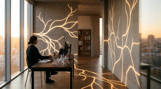 Créateur de fiction interactive travaillant sur un réseau complexe d'histoires interconnectées dans un espace de création moderne