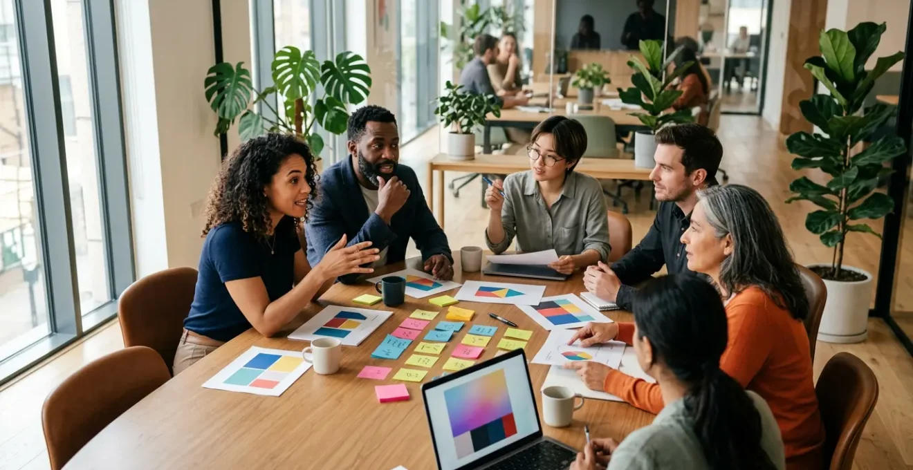 Une équipe éditoriale collaborative en réunion autour d'une table moderne avec documents et graphiques stratégiques