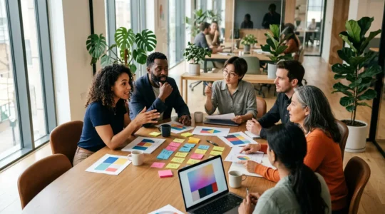 Une équipe éditoriale collaborative en réunion autour d'une table moderne avec documents et graphiques stratégiques