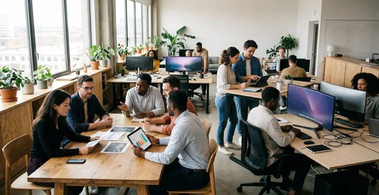 Équipe éditoriale travaillant en collaboration sur une plateforme numérique moderne dans un espace de travail lumineux