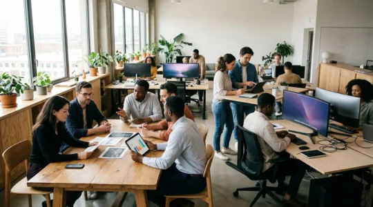 Équipe éditoriale travaillant en collaboration sur une plateforme numérique moderne dans un espace de travail lumineux