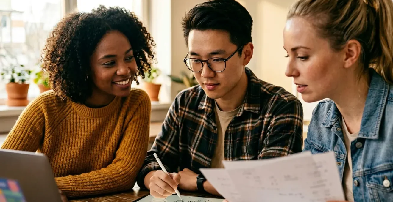 Une équipe de trois personnes collaborant autour d'un bureau en bois avec ordinateurs portables et calendrier éditorial en arrière-plan flou