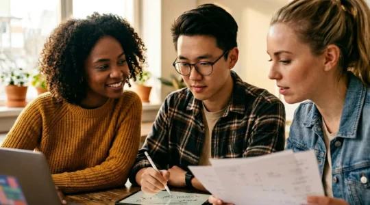Une équipe de trois personnes collaborant autour d'un bureau en bois avec ordinateurs portables et calendrier éditorial en arrière-plan flou
