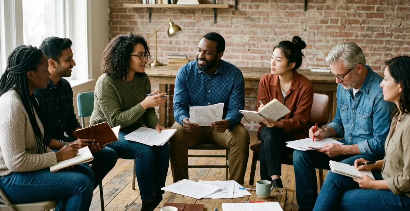 Groupe d'écrivains en cercle partageant leurs manuscrits avec stylos et carnets dans un atelier lumineux