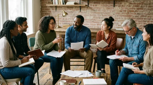 Groupe d'écrivains en cercle partageant leurs manuscrits avec stylos et carnets dans un atelier lumineux