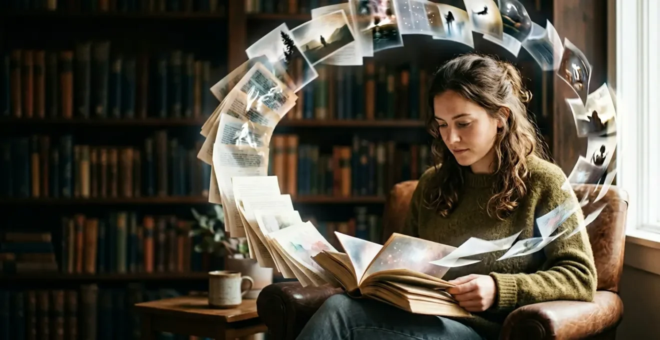Lecteur immergé dans un livre entouré de pages volantes créant un environnement narratif dynamique