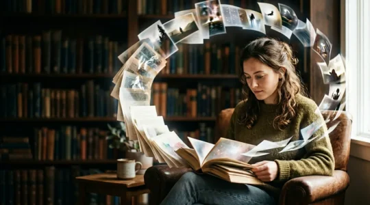 Lecteur immergé dans un livre entouré de pages volantes créant un environnement narratif dynamique