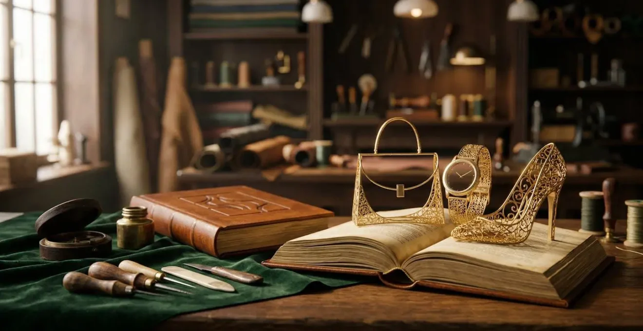 Mise en scène métaphorique de l'art du storytelling dans le marketing de luxe avec des éléments symboliques d'artisanat et de valeur perçue