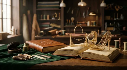 Mise en scène métaphorique de l'art du storytelling dans le marketing de luxe avec des éléments symboliques d'artisanat et de valeur perçue