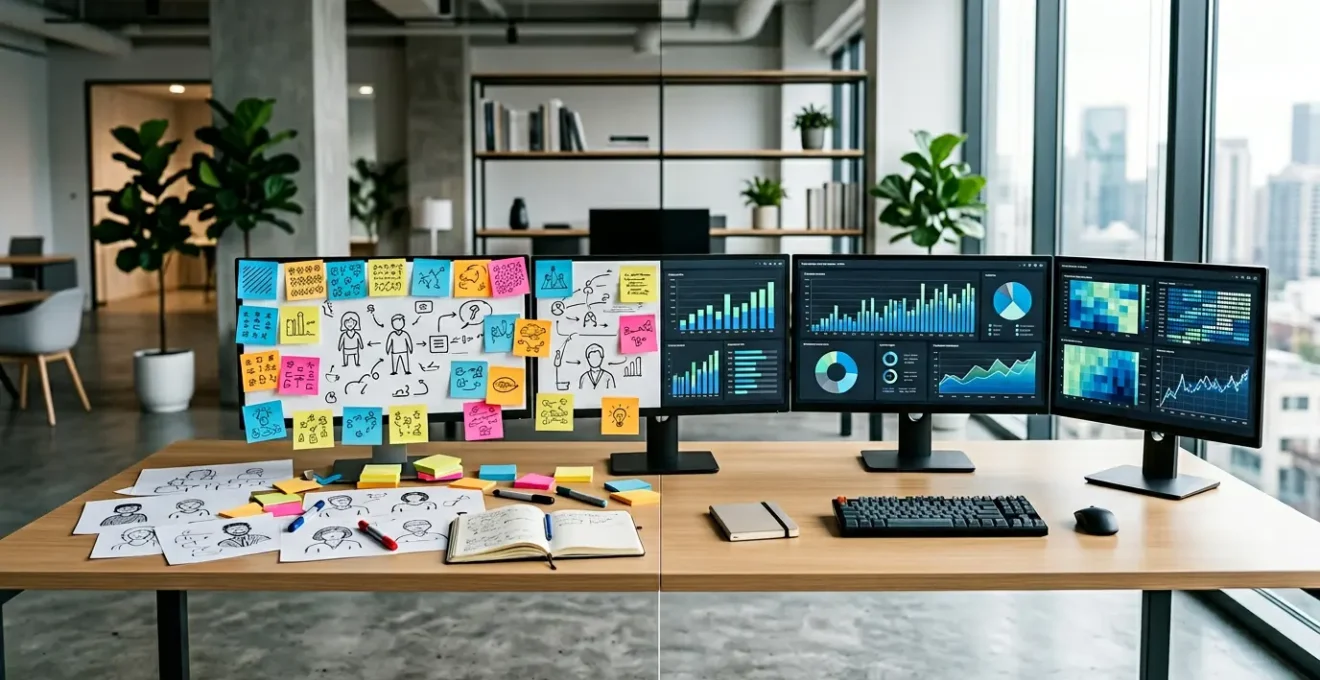 Bureau moderne avec écrans d'analyse de données et post-its colorés représentant différents personas, contrastant l'intuition créative et l'analyse factuelle