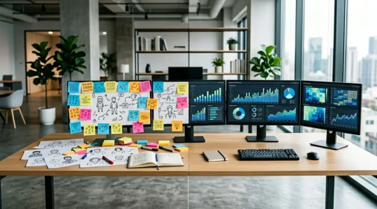 Bureau moderne avec écrans d'analyse de données et post-its colorés représentant différents personas, contrastant l'intuition créative et l'analyse factuelle