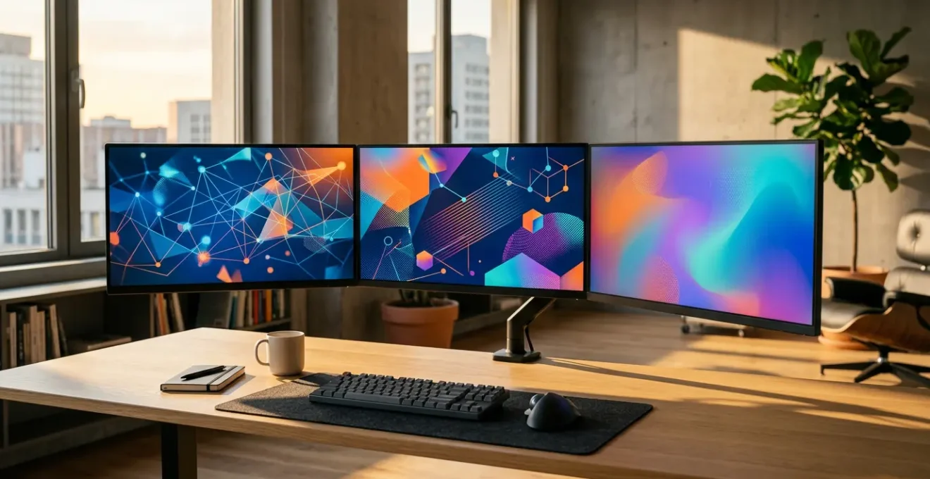 Bureau moderne avec plusieurs écrans montrant des interfaces de réseaux sociaux organisées et harmonisées