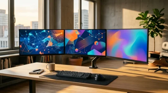 Bureau moderne avec plusieurs écrans montrant des interfaces de réseaux sociaux organisées et harmonisées