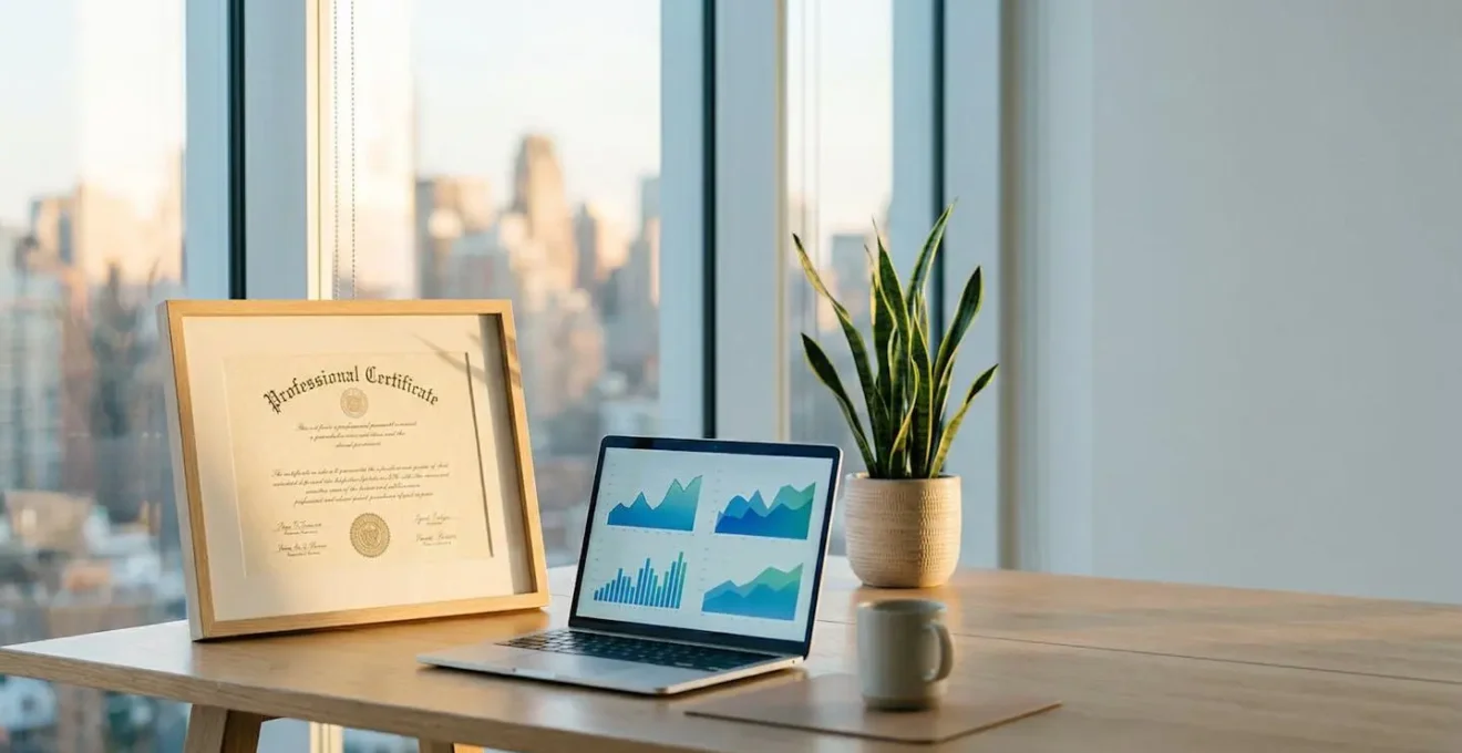 Environnement de travail moderne avec certificat professionnel encadré et ordinateur portable