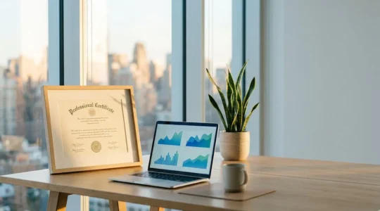 Environnement de travail moderne avec certificat professionnel encadré et ordinateur portable