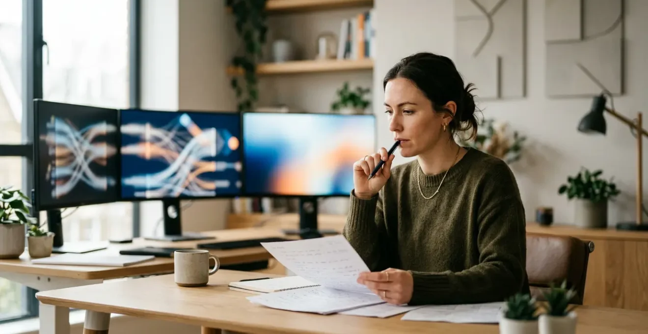 Rédacteur professionnel entouré d'écrans et de documents, vérifiant des informations avec concentration