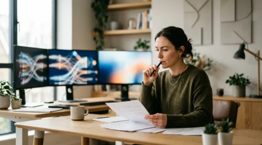 Rédacteur professionnel entouré d'écrans et de documents, vérifiant des informations avec concentration