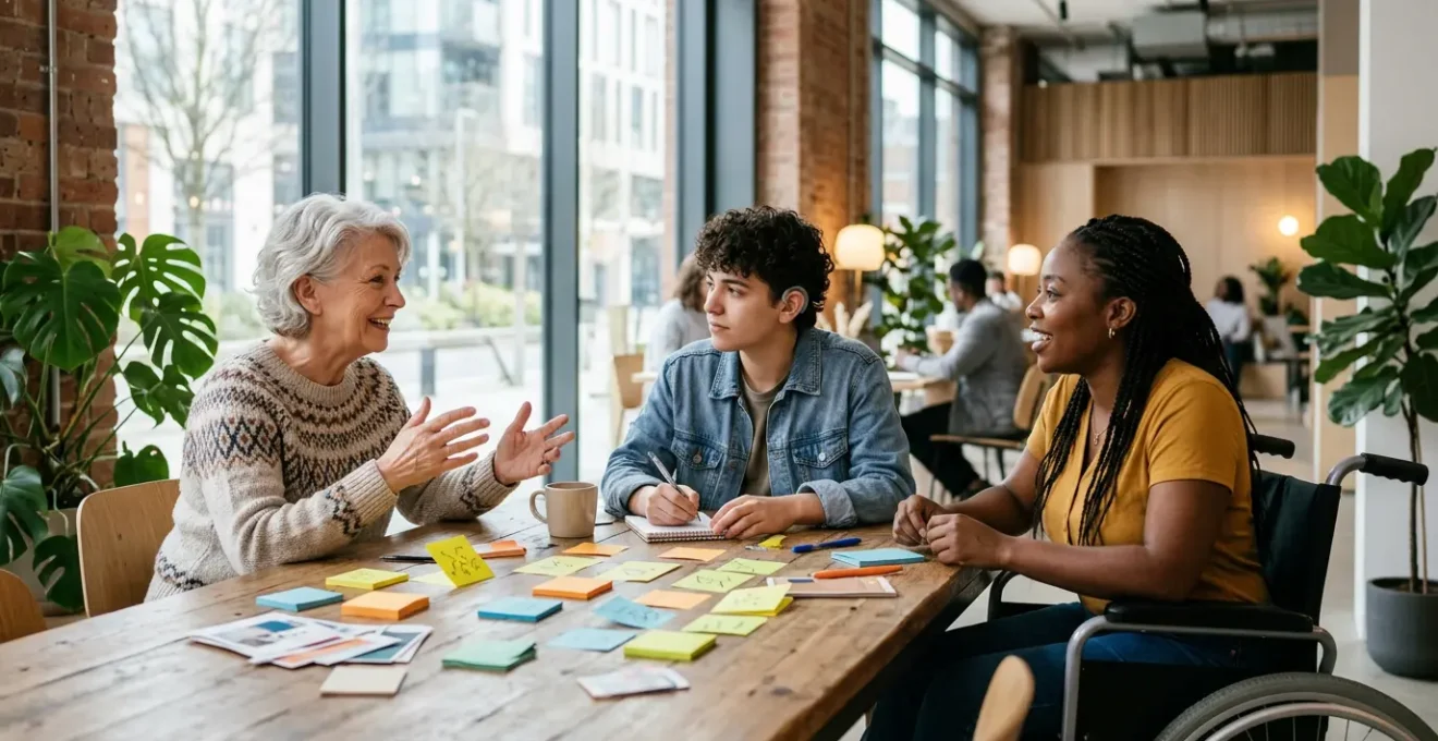 Diversité de personnes collaborant autour de contenus créatifs dans un espace lumineux et ouvert