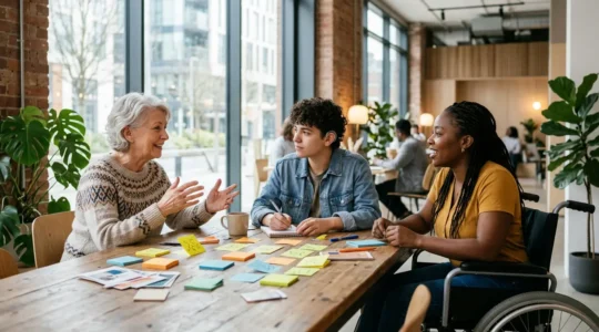 Diversité de personnes collaborant autour de contenus créatifs dans un espace lumineux et ouvert