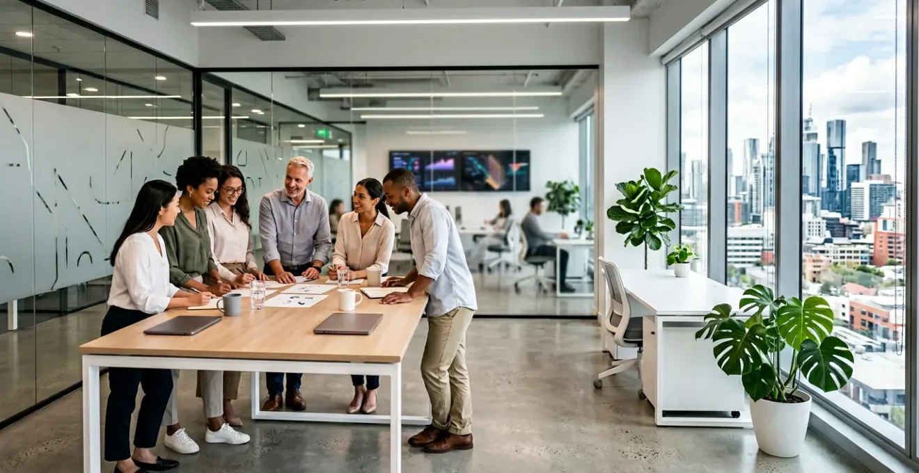 Bureau moderne avec professionnels analysant des graphiques de réduction des coûts sur écrans flous