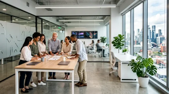 Bureau moderne avec professionnels analysant des graphiques de réduction des coûts sur écrans flous