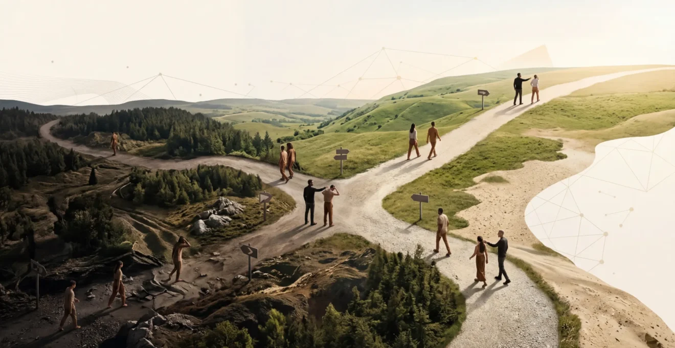 Vue aérienne d'un parcours de formation avec apprenants à différentes étapes, certains progressant, d'autres recevant du soutien personnalisé