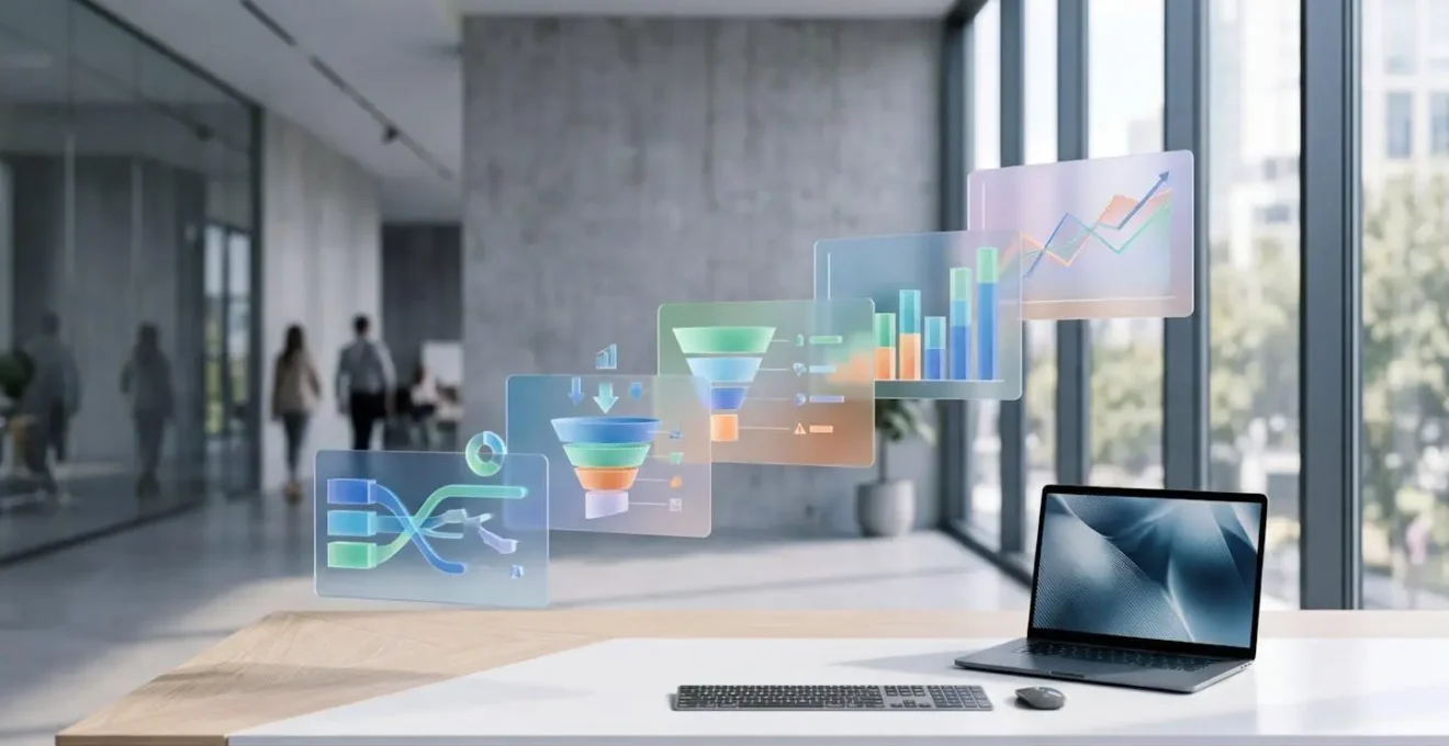 Tableau de bord analytique avec graphiques de performance et métriques ROI sur écrans multiples dans un bureau moderne