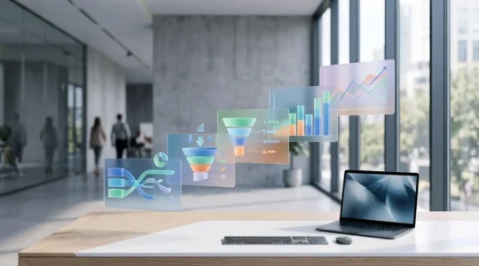 Tableau de bord analytique avec graphiques de performance et métriques ROI sur écrans multiples dans un bureau moderne
