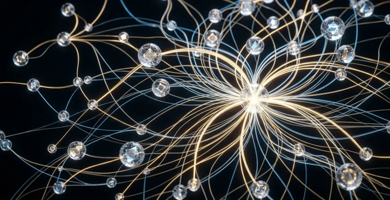 Réseau de connexions lumineuses représentant le maillage interne d'un site web avec des parcours utilisateurs interconnectés