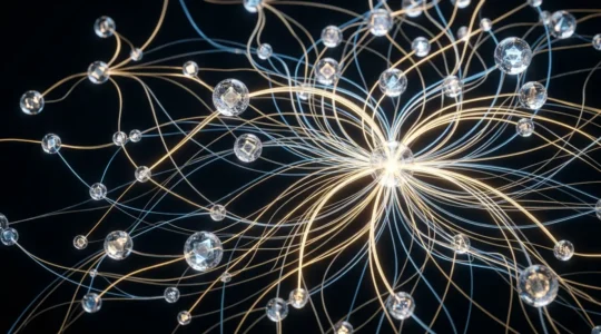 Réseau de connexions lumineuses représentant le maillage interne d'un site web avec des parcours utilisateurs interconnectés